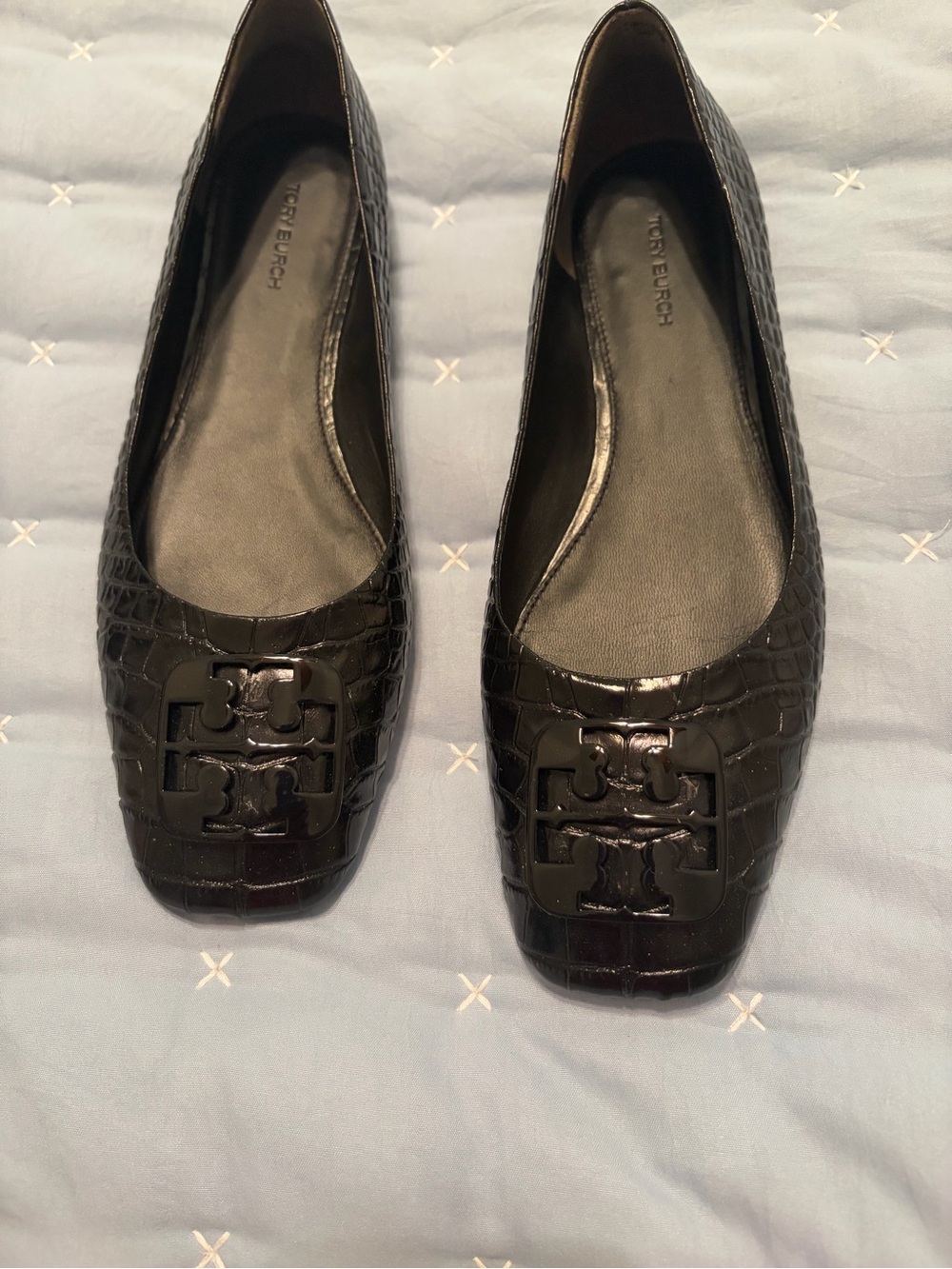 Tory Burch Black Croc-Embossed Patent Logo Ballet Flats